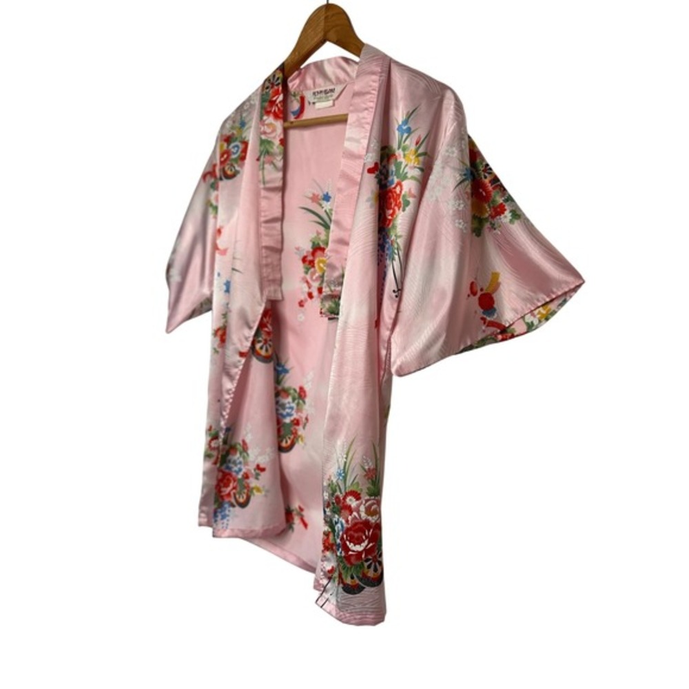 Vintage Pink Satin Floral Kimono Robe Made in Japan Coquette‎ XS S - Picture 5 of 14